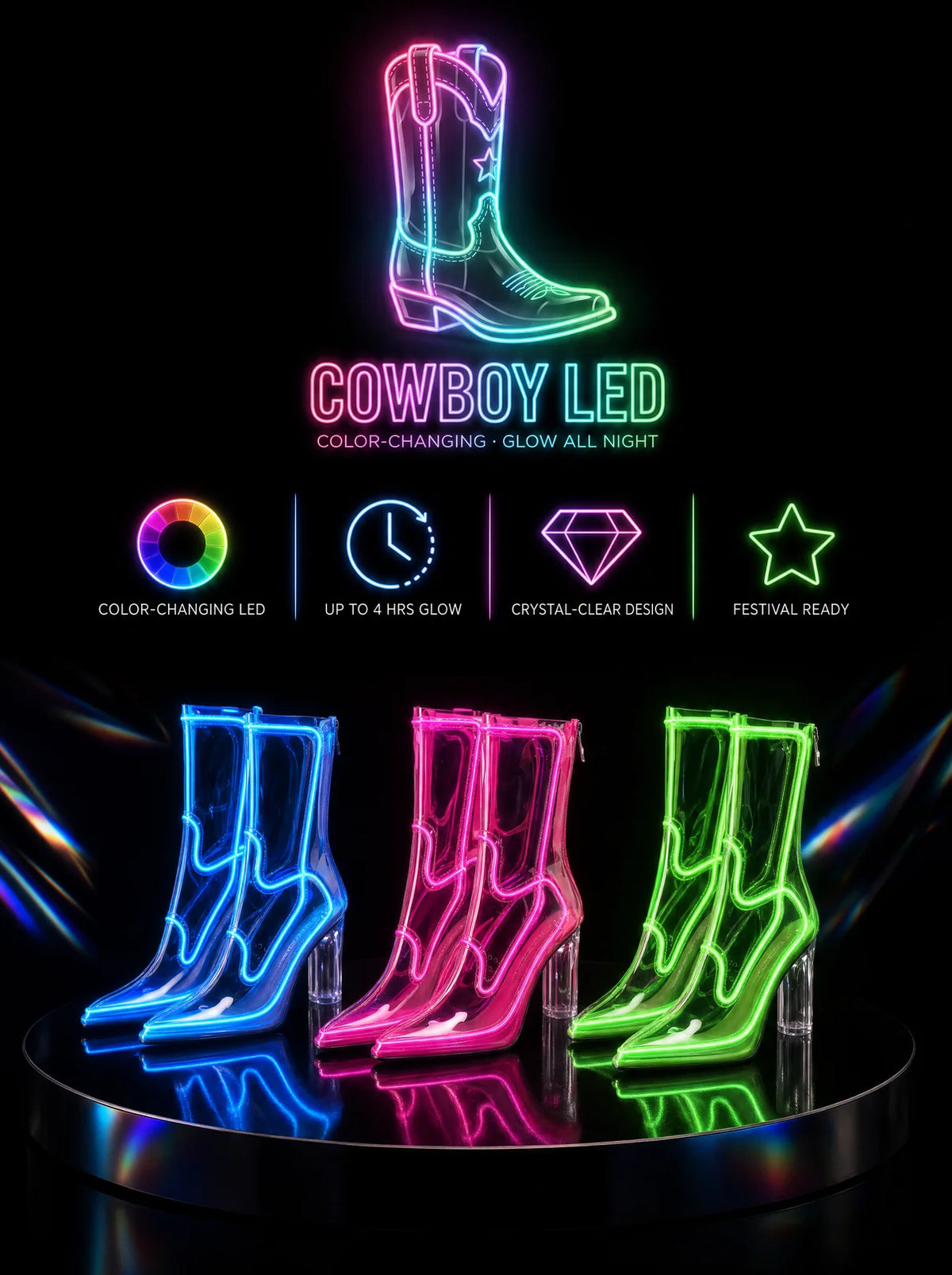 LEDRESS™ Neon LED Light-Up Clear Block Heel Boots